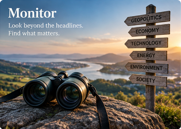 Monitor binoculars illustration with signposts for geopolitics, economy, technology, energy, environment and society.