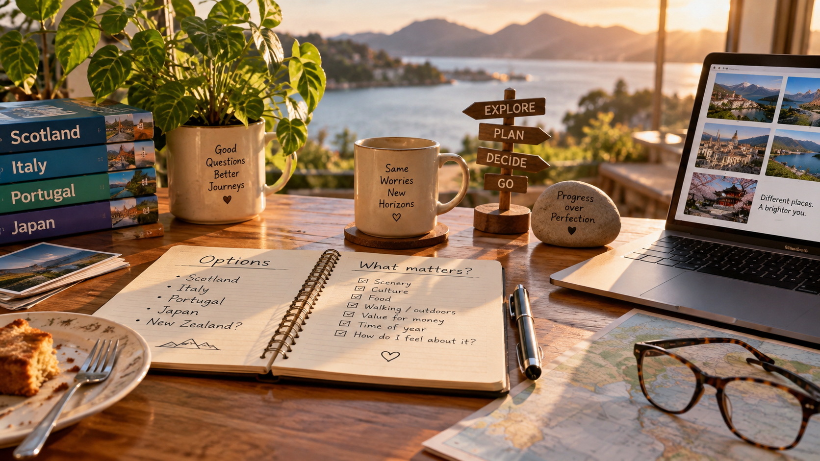 A warm workspace with several travel choices, criteria and priorities being compared.