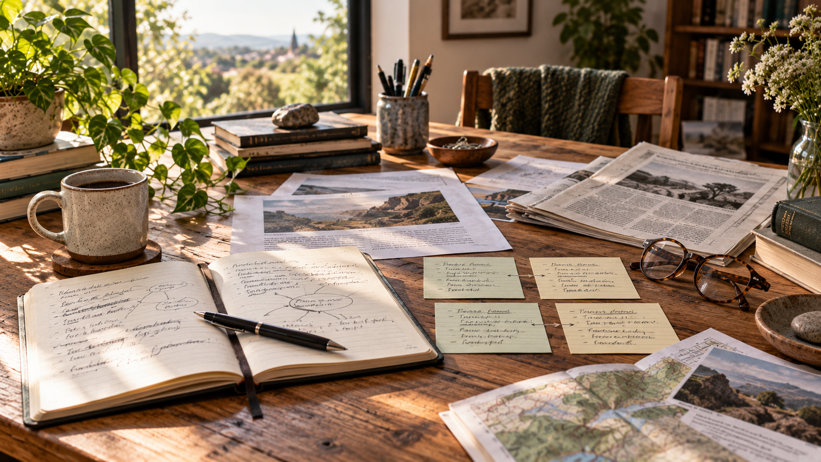 A sunlit desk with competing notes, evidence and annotations under review.