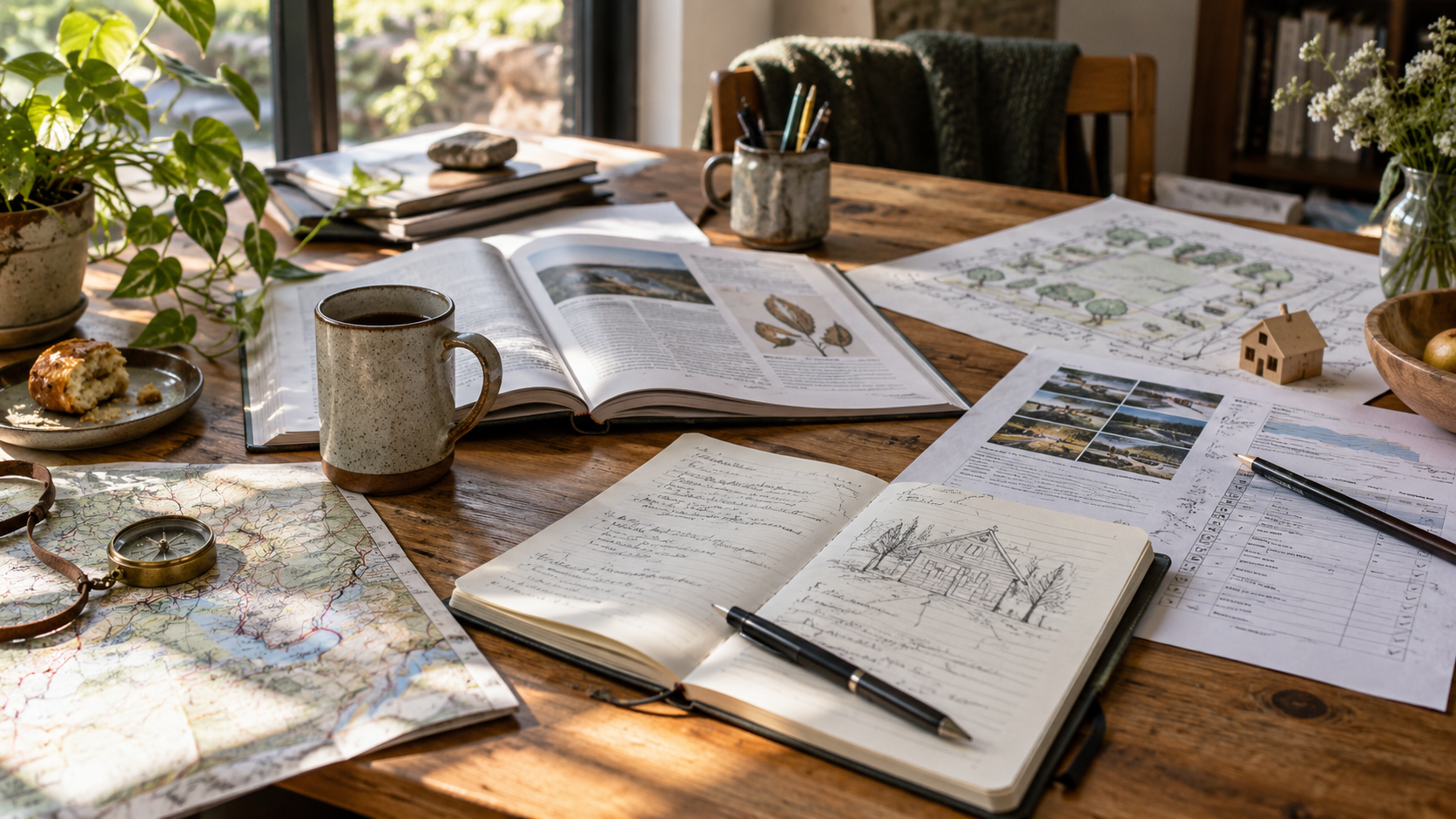 A grounded workspace containing books, maps, sketches and practical project material.
