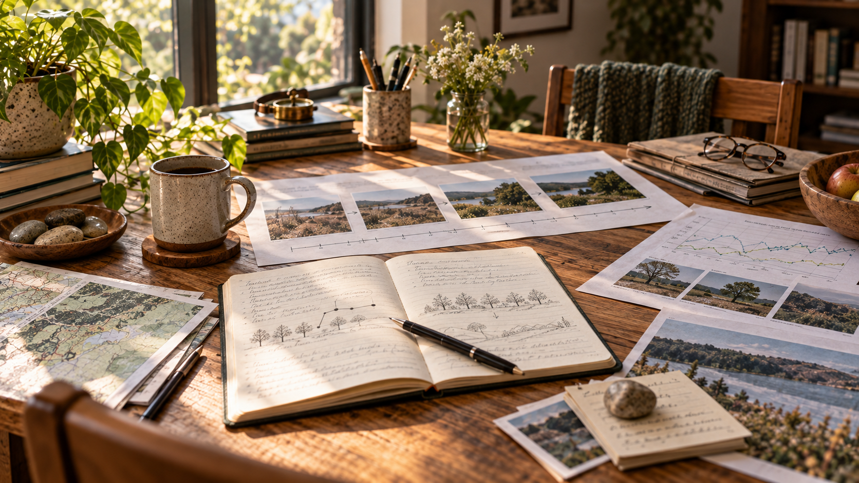 A sunlit research desk showing observations and change being tracked over time.