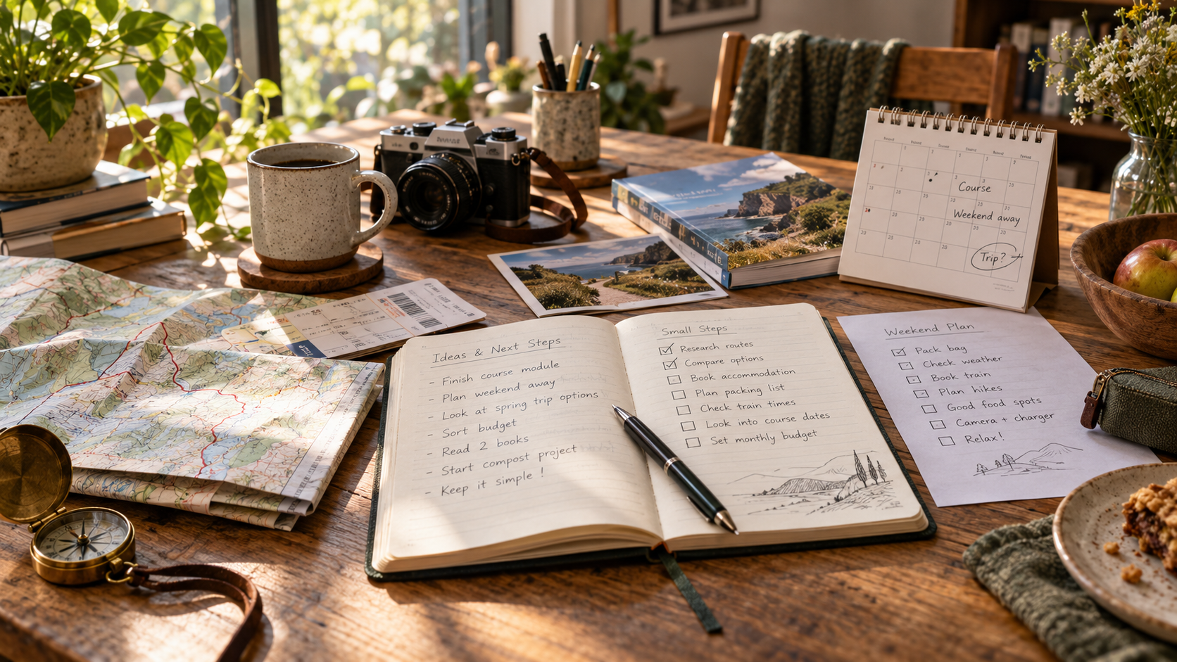 A warm planning workspace with maps, notes, calendar and practical next steps.