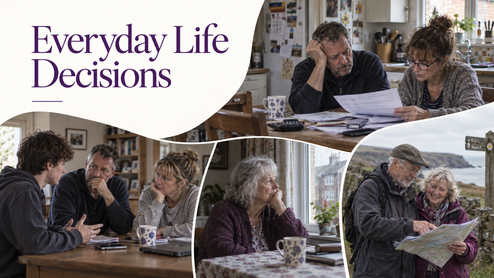 Everyday Life Decisions: realistic scenes of household budgeting, family discussion, an older person reflecting, and a couple considering travel choices.