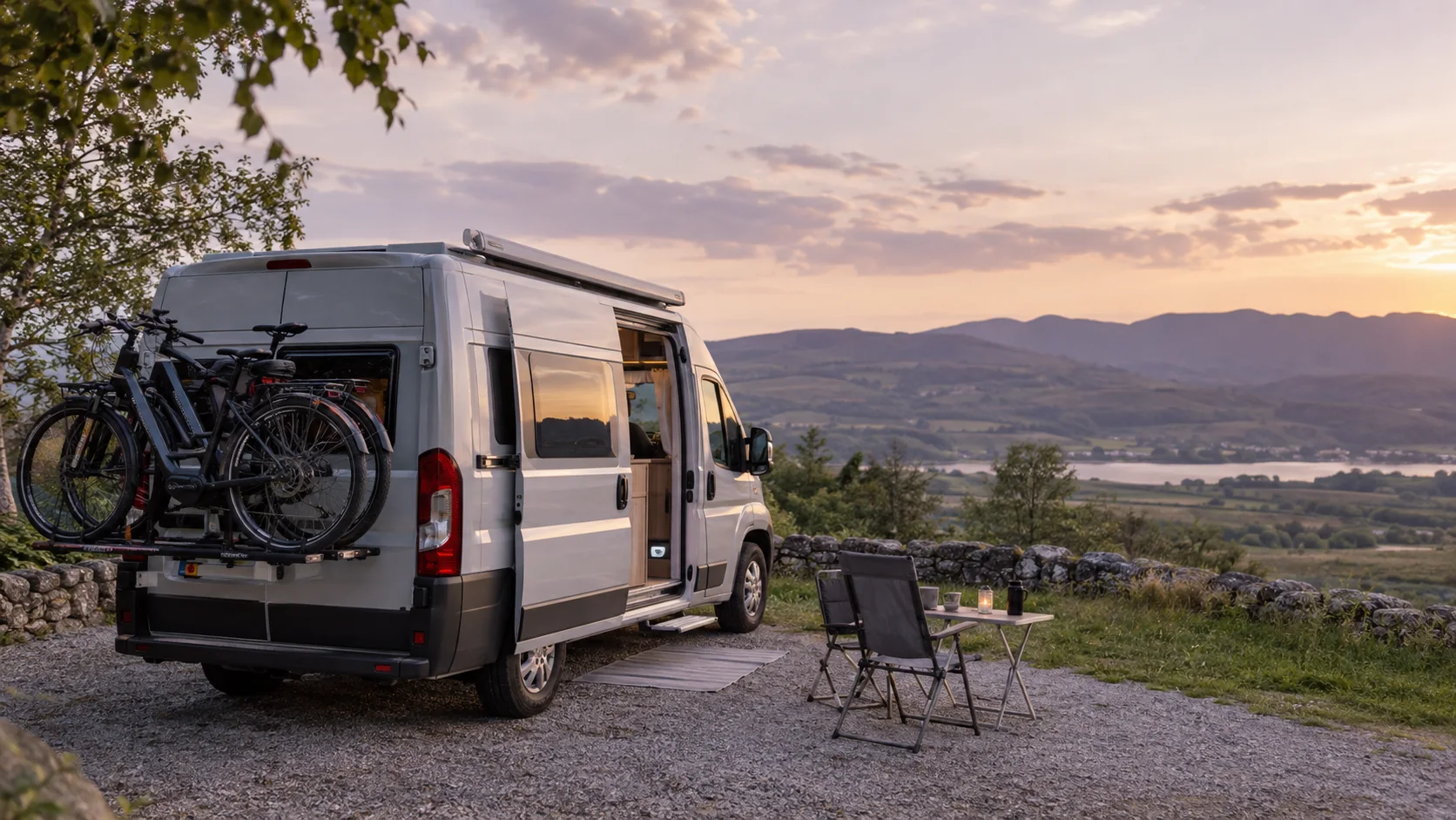 Illustrative image of a high-roof camper van with two bicycles on its rear rack at a countryside touring pitch.